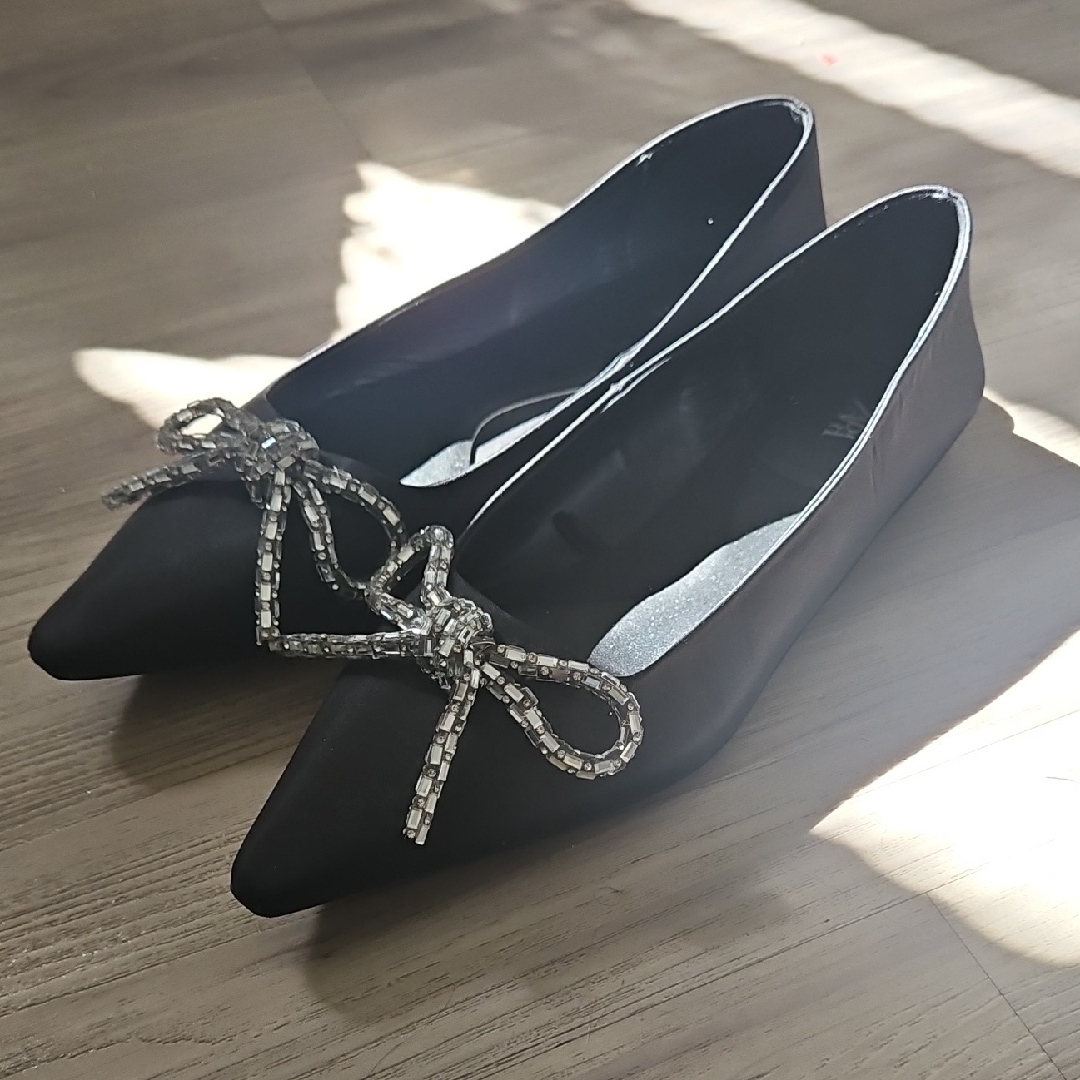 Zara Black Flats With Silver Bow Accent Size 39
